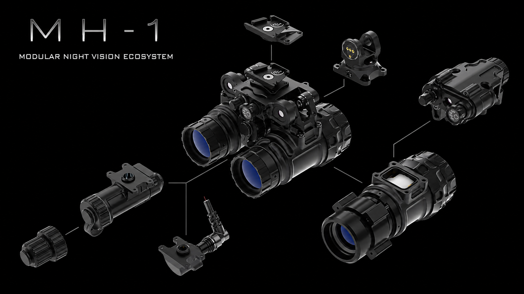 MH-1 modular night vision binocular ecosystem on black background — dual-tube housing with modular pods, bridge, and accessories